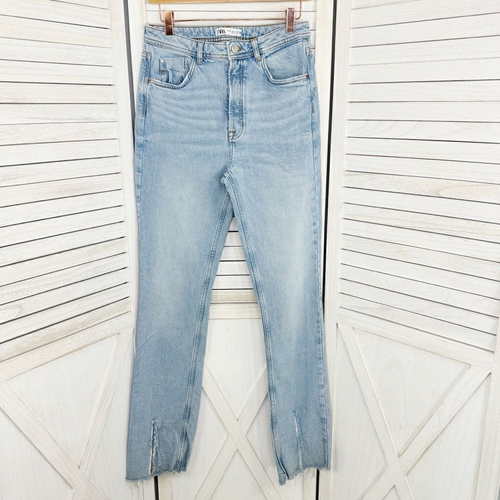 Zara Jeans Women 6 Blue Distressed Split Ankle High Rise Straight Leg Raw Hem